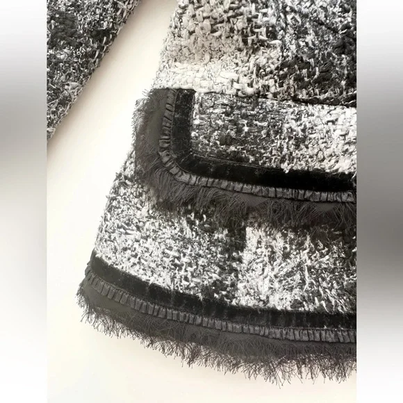 Cache' 6 Tweed Blazer Lined Clasp Closure Chiffon Trim Black White Silver Flat - Picture 10 of 11